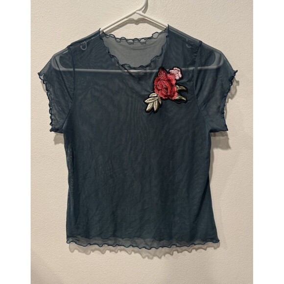 Y2K sheer mesh crop T shirt with rose embroidery lettuce trim Sz S Goth Grunge - Picture 2 of 5